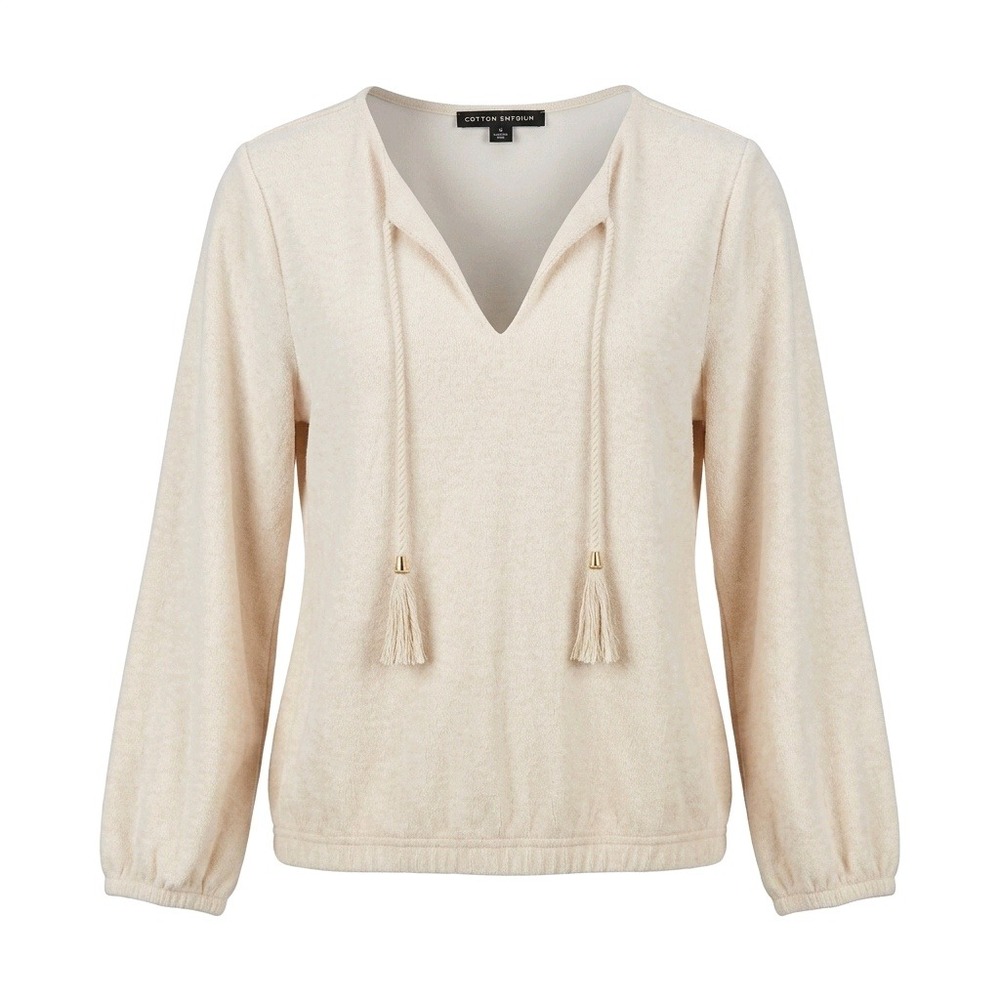 Boston Proper Cream Terry Cloth Tassel Tie V-Neck Blouson Top Medium